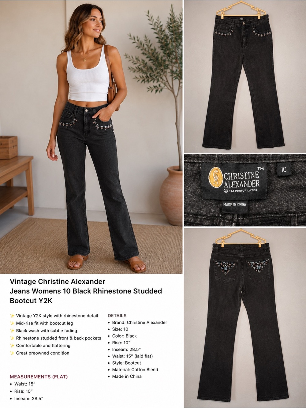 Christine Alexander Black Rhinestone-Embellished Bootcut Jeans